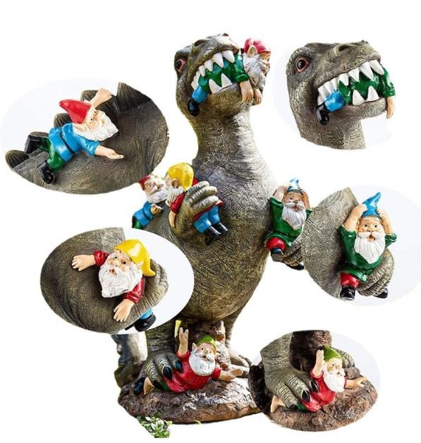 resin dinosaur eating gnomes