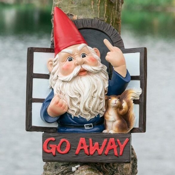 Gnome Flipping the Bird From Window